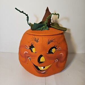 1994 Annalee Halloween Pumpkin Felt Candy Holder Lid USA Jack-o'-lantern